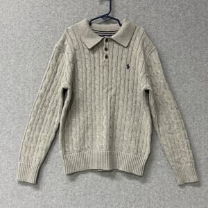Ralph Lauren POLO Boys 10 / 12 Collared Cable Knit Sweater Gray Coastal Preppy
